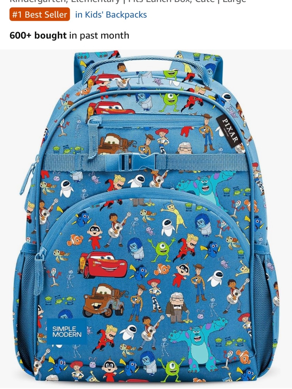 Simple Modern Kids Backpack - Blue Pixar Character Pattern